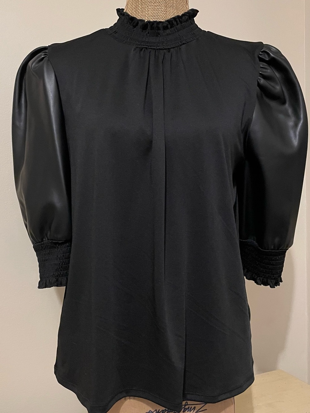 Black Puff Sleeve Mock Neck Blouse with Smocked Cuffs